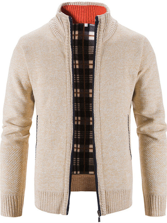 Men's Sweater Cardigan Sweater Zip Sweater Sweater Jacket Fleece Sweater Knit Solid Color Stand Collar Essential Casual Clothing Apparel Winter Black Burgundy S M L