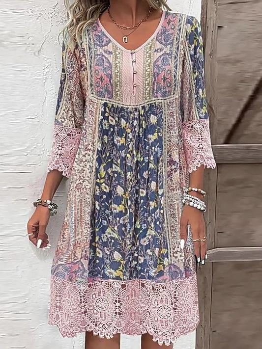 New Women's Spring and Summer Hot Models Retro Printing Lace Dresses