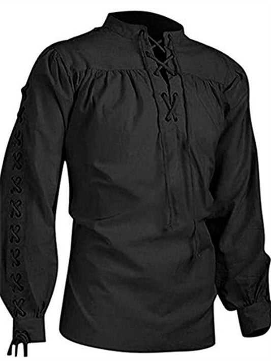 Men's Casual Standing Collar Long Sleeve Cotton Shirt Beige Black S M L XL 2XL 3XL 4XL 5XL