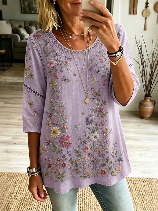 New Summer Henry-Style Bohemian Openwork 3/4-Sleeve Printed Top