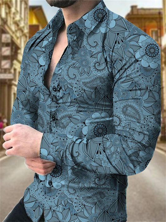 Men's Summer Digital Printing 3D Fashion Retro Floral Pattern Print Men's Long-sleeved Shirt