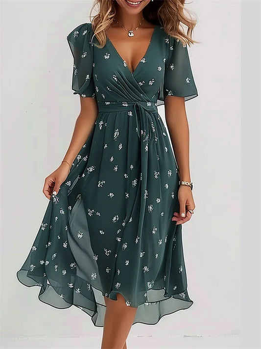 Summer Chiffon Printed Ladies V-Neck Dresses