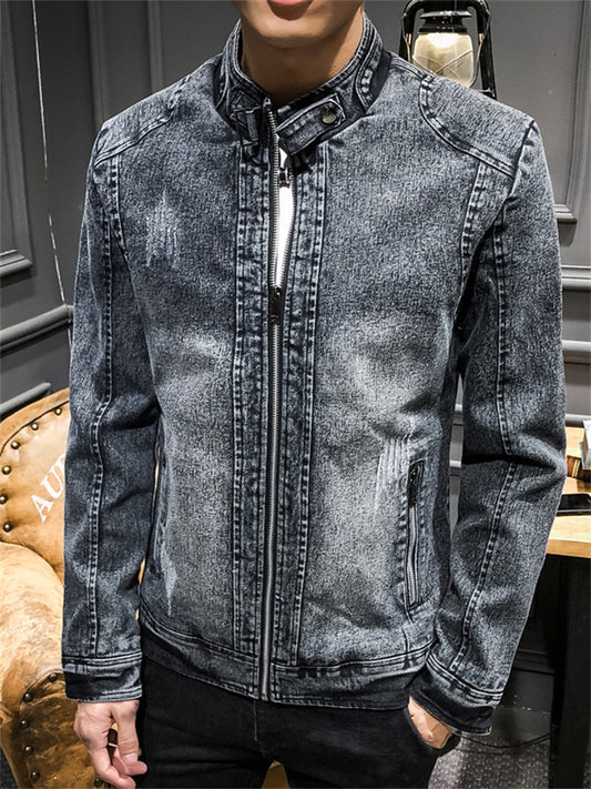 Men's Long-sleeved Stand-up Collar Jacket Retro Denim Jacket Youth Casual Jacket Male Trend Solid Color Slim Men's Clothing