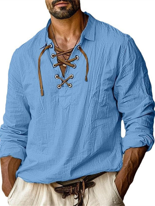 New Men's Linen Turn-down Collar Tie-front Shirt Casual and Stylish V-neck Long-sleeve Shirt