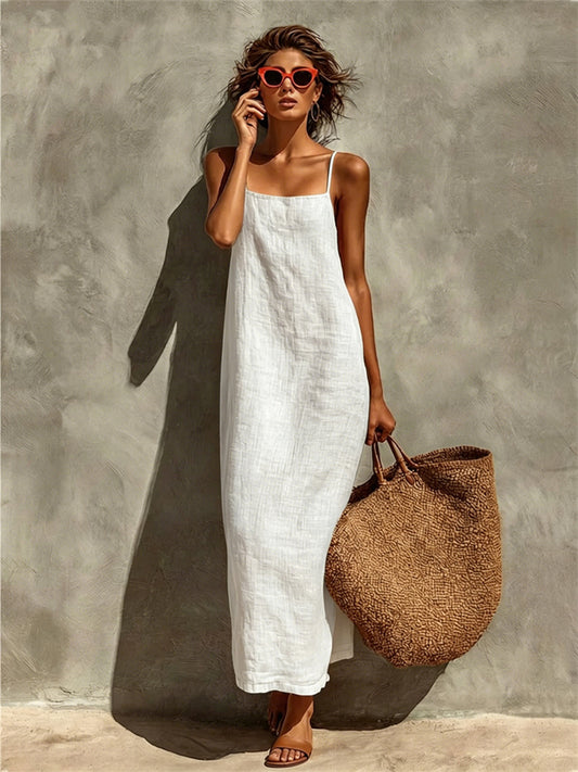 New Summer Arrival Solid-Color Retro Cotton-Linen Spaghetti-Strap Maxi Dress for Women