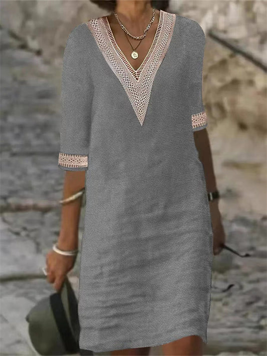 Solid Colour V-neck Lace Trimmed Mid-sleeved Cotton and Linen Casual Dress
