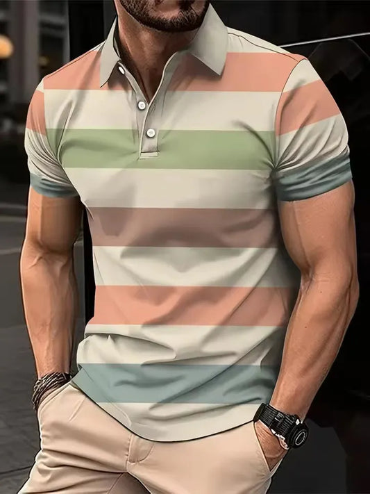 Men's Short-Sleeve Collared 3D-Printed Striped Polo Shirt Business Casual Top