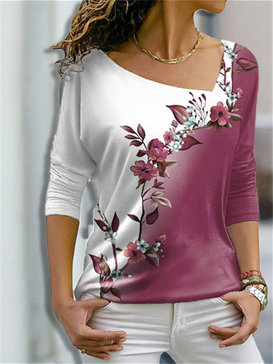 Women's T shirt Tee Green Blue Purple Graphic Floral Print Long Sleeve Casual Weekend V Neck Regular Floral Painting S