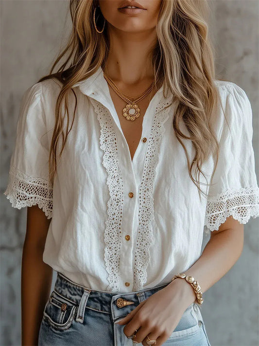 New Summer Women's Lace Cotton-Linen Short-Sleeve Casual Shirt