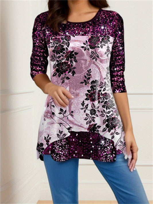 Fall/Winter New Women's Tops Fashion Print Crew Neck Long Sleeve T-Shirt Printed Top