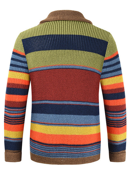 Men's Rainbow Sweater New Sweater Jacket Autumn and Winter Lapel Colorblocking Sweater