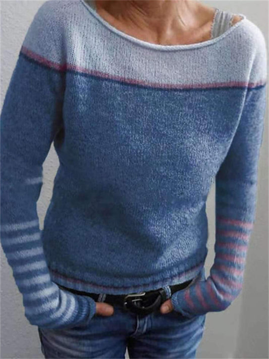 New Arrival Women's Crew Neck Color-Blocked Oversized Fashion Knit Sweater with Print S-5XL