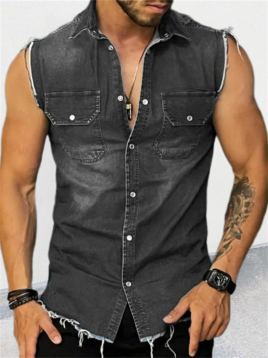 Denim T-shirt Men's Lapel Sleeveless Cardigan Tops Muscle Vests