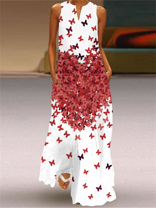 Women's Long Dress Maxi Dress Casual Dress Print Dress Feather Casual Outdoor Holiday Vacation Pocket Print Sleeveless V Neck Dress Regular Fit White Red Blue Summer Spring S M L XL XXL