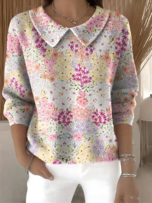 New Fall/Winter Women's Turn-down Collar Printed V-neck Long Sleeve Relaxed Casual Top