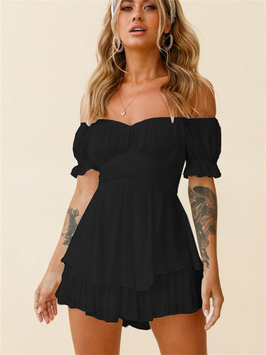 Women's Romper Ruffle Solid Color Off Shoulder Active Street Daily Regular Fit Short Sleeve Green Blue Pink S M L Spring