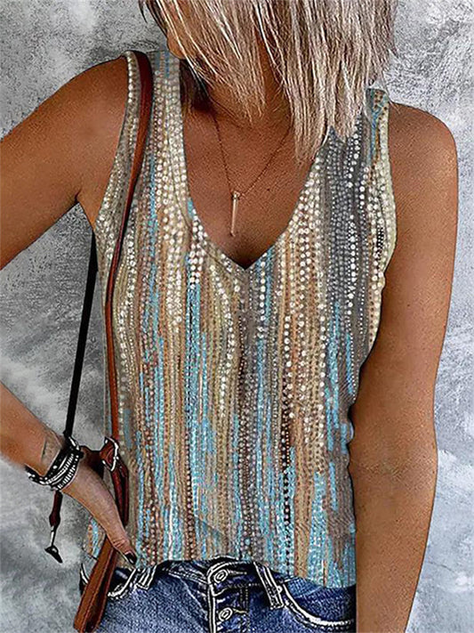 Women's Casual Print V-neck Sleeveless T-shirt Undershirt Top Temperament Commuter S M L XL 2XL 3XL