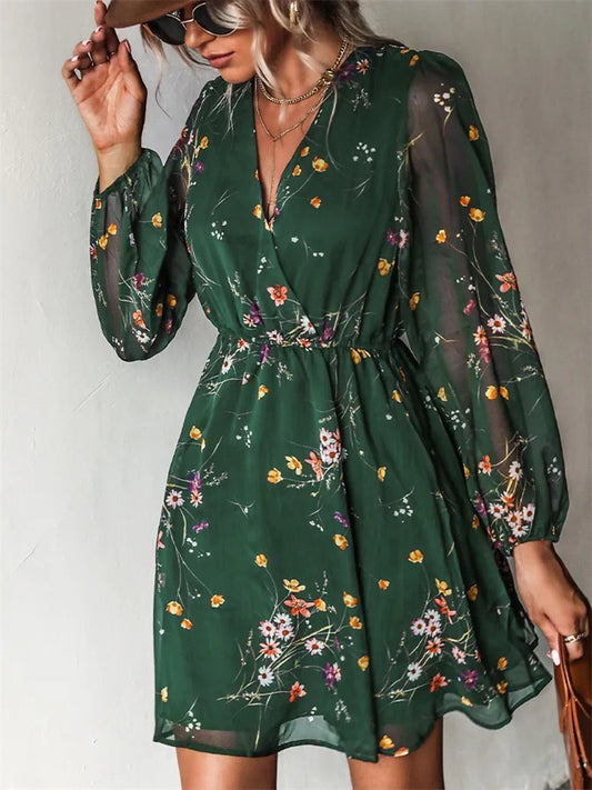Women's Dresses V-Neck Elegant Chiffon Printed Crushed Floral See-Through Dresses