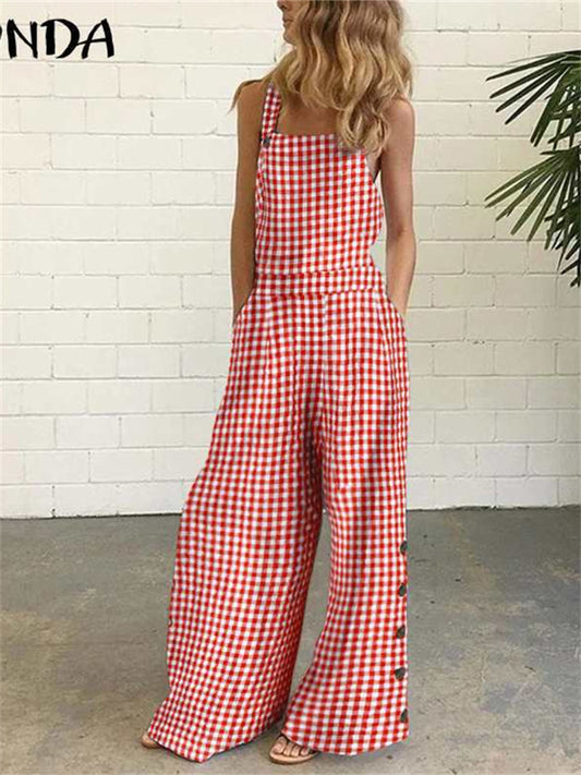 New Checkered Wide-leg Pants with Digital Print and Open Back Jumpsuit