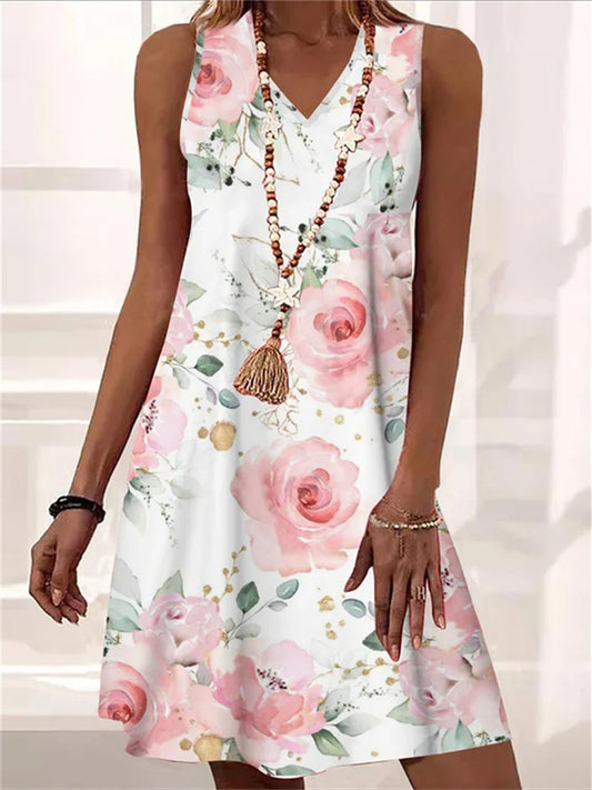 Summer Loose Comfortable Casual V-neck Sheath Sleeveless Plant Floral Print Mid-length A-line Dress Elegant Wind Dress