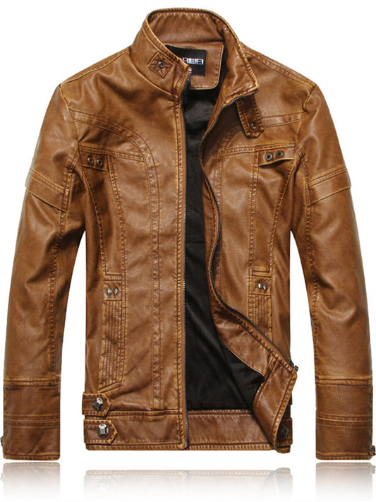 Men's Leather Jacket Fall and Winter PU Leather Jacket Collar Padded Thickened Jacket