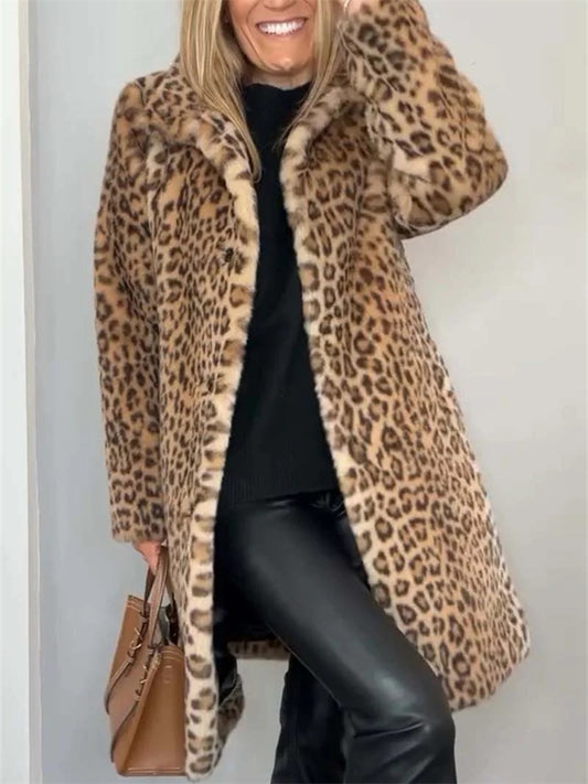 Women's Fall/Winter Fashion Leopard Print Faux Fur Mid-Length Coat