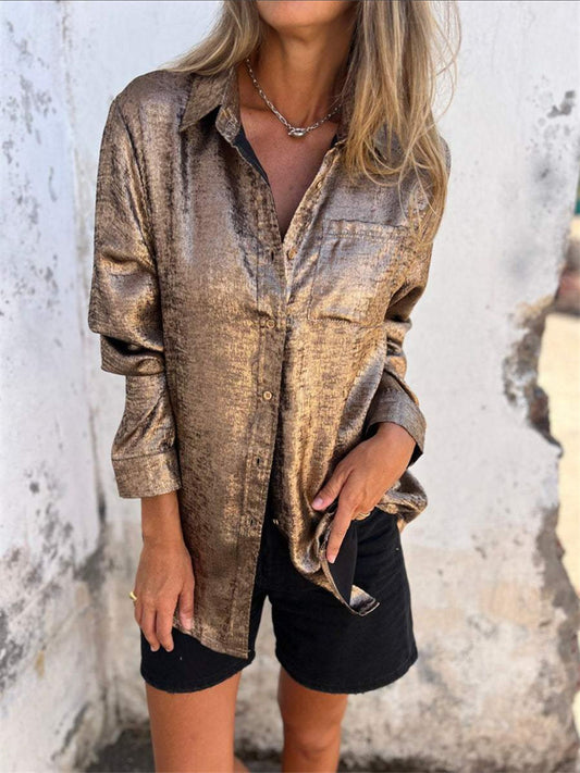 Spring New Women's Casual Suede Fashion Collar Long-sleeved Shirt