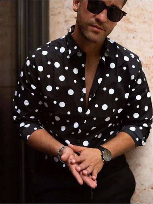 Men's Shirt Polka Dot Printed Casual Peplum Long Sleeve Shirt White Black