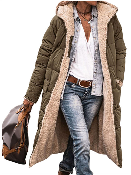 Women's Solid Color Hooded Cotton Jacket with Long Sleeves, Double-sided Wear, Slim Fit and Thick Coat
