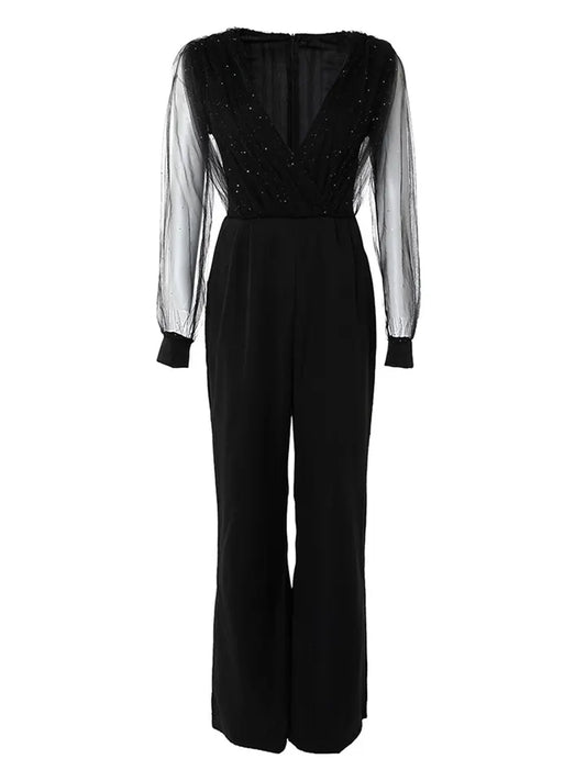 Women's Jumpsuit Mesh Sequin Solid Color V Neck Elegant Party Prom Regular Fit Long Sleeve Black S M L Spring
