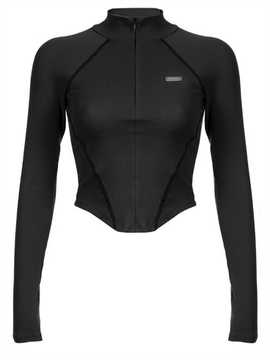 Pullover Long Sleeve Top Autumn and Winter Women's Street Fashion Spice Girl Style Invisible Zipper Standing Collar Bright Line T-Shirt