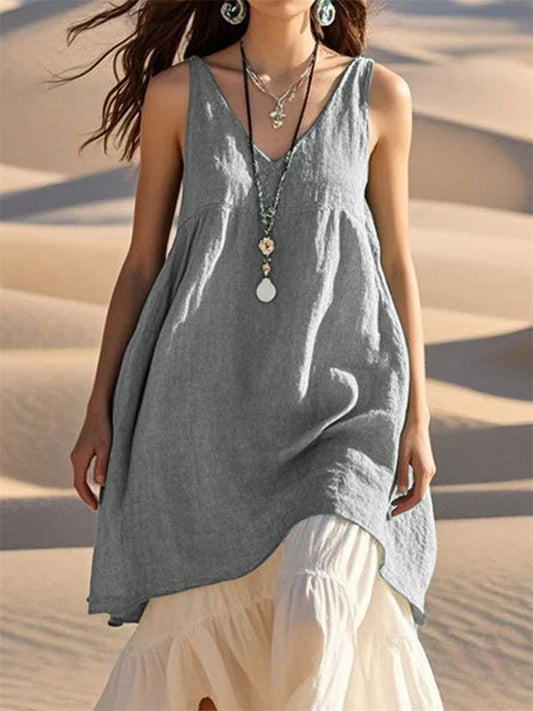New Summer Women's Casual Loose-Fit Sleeveless Cotton-Linen Solid Color V-Neck Beach Dress