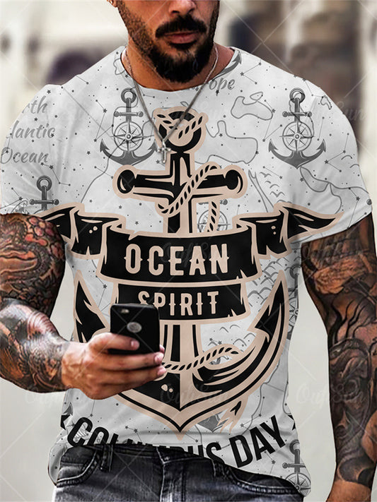 Men's Summer 3D-Printed Casual Short-Sleeve T-Shirt with Retro Nautical Anchor Design