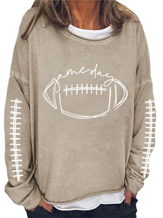 Women's Rugby Print Sweatshirt with Letter Print Crew Neck