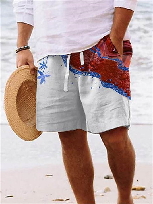 Printed Drawstring Casual Shorts Blue Red Beach Pants Men's Summer Shorts