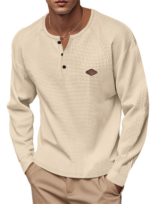 Men's Casual American-Style Spring/Fall Lightweight Waffle-Weave Button-Down Henley Long-Sleeve T-Shirt