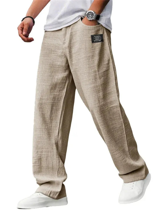 Men's Casual Cotton-Linen Blend Loose-Fit Straight-Leg Pants Solid Color S–5XL