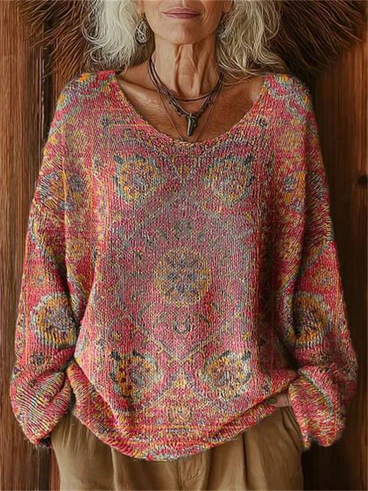 New Women's Patterned Background Print Crew Neck Sweater-Style Top