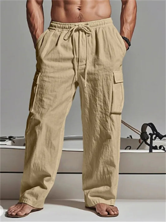 Men's Solid Color Plus Size Workwear Long Pants - Men's Cotton-Linen Casual Pants