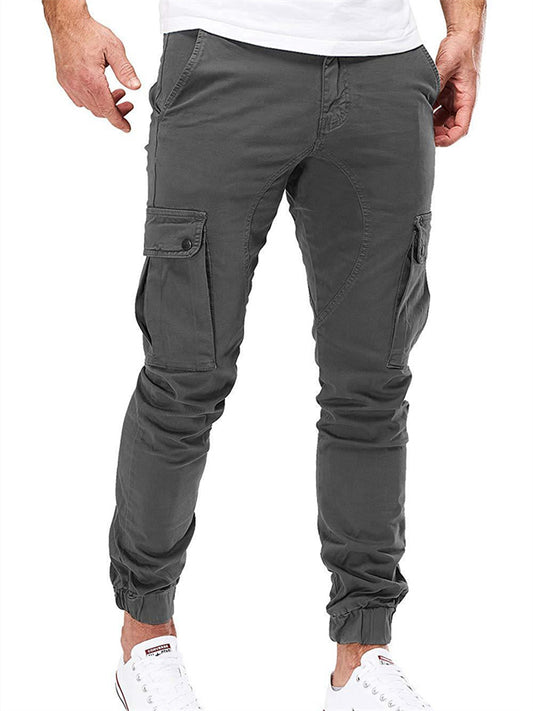 Men's Woven Casual Pants with Workwear Pockets and Cuffed Legs Solid Color Casual Pants