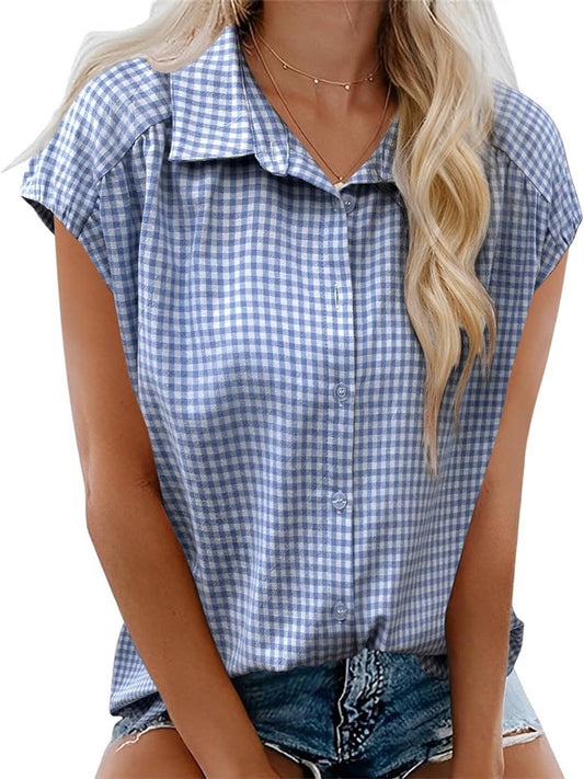 Women's New Summer Short-Sleeve Shirt Casual Checkered Top with Lapel Collar