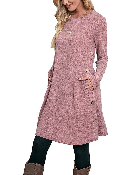 Casual Loose Solid Color Pullover Round Neck Button Embellished Long Sleeve Women's Dresses Women's Midi Dresses
