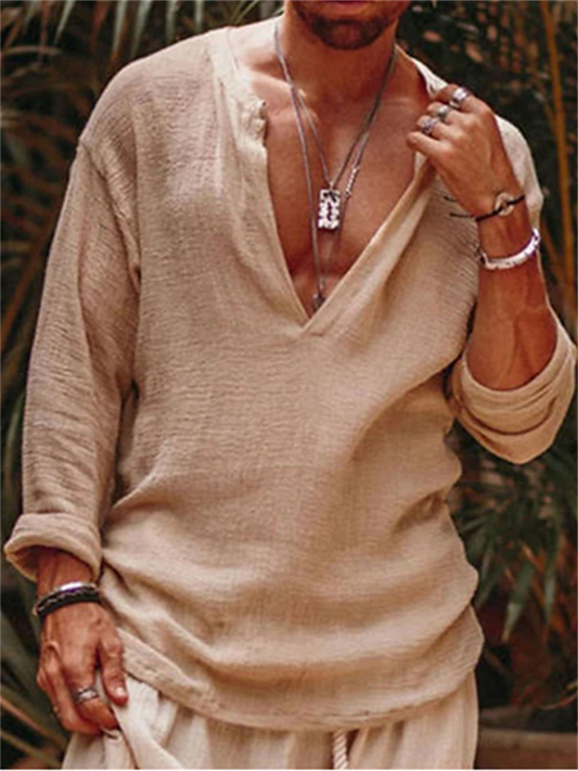 Men's Linen Shirt Shirt Summer Shirt Beach Shirt Green Beige Long Sleeve Solid Color V Neck Summer Spring Outdoor Street Clothing Apparel