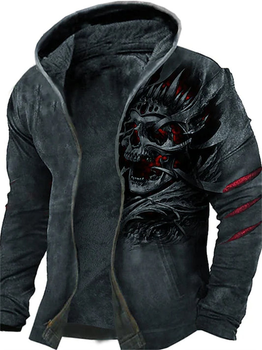 Men's Fleece Jacket Full Zip Hoodie Fleece Hoodie Sherpa Jacket Dark Gray Hooded Skull Graphic Prints Zipper Print Sports & Outdoor Daily Sports 3D Print Fleece Streetwear Designer Casual Winter