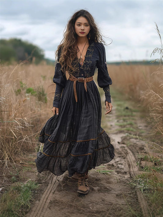 Embroidered Vintage V-Neck Women's Long-Sleeve Rustic Casual Dress