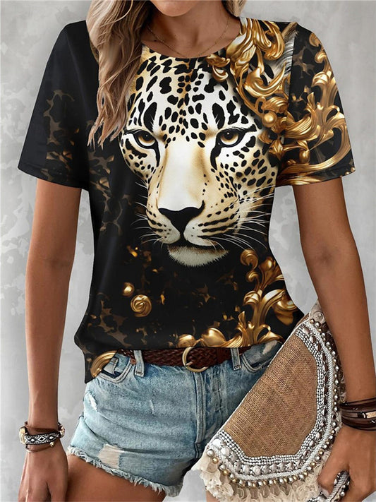 Women's Round Neck Short-sleeved Jungle Cheetah Print Casual T-shirt Wild Loose Short-sleeved