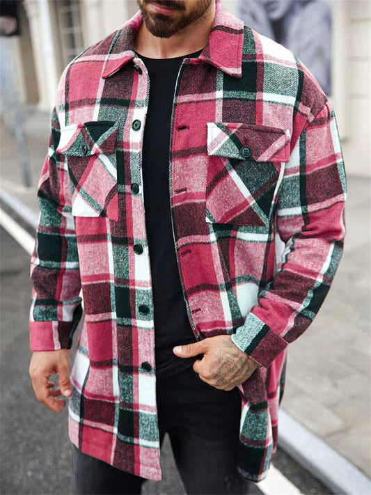 New Men's Outerwear Shirt Casual Sporty Long-Sleeved Button-Up Plaid Coat