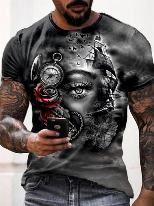 Summer Streetwear Retro Warrior Face 3D Print Men's Casual T-shirt
