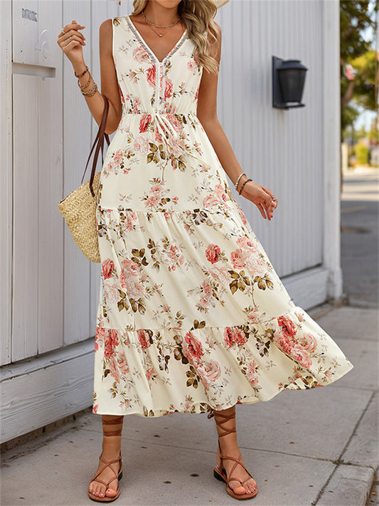 New Summer Women's V-neck Printed Sleeveless Maxi Dress
