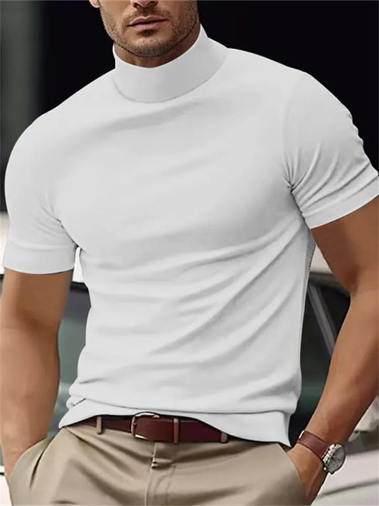 Summer New Men's Casual T-shirt Fashion Half-high Neck Slim Solid Color Bottoming Shirt